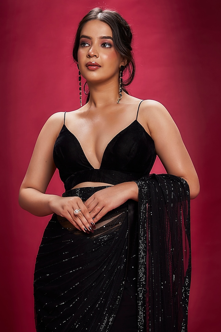 Black Georgette & Net Stone Wedding Saree Set by Ranbir Mukherjee at Pernia's Pop Up Shop