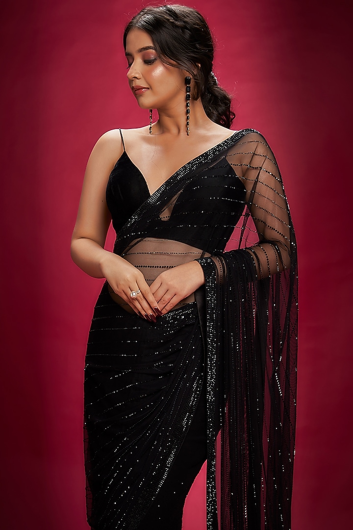 Black Georgette & Net Stone Wedding Saree Set by Ranbir Mukherjee at Pernia's Pop Up Shop
