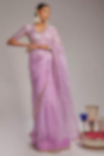 Lilac Pure Organza Badla Work Saree Set by Ranbir Mukherjee
