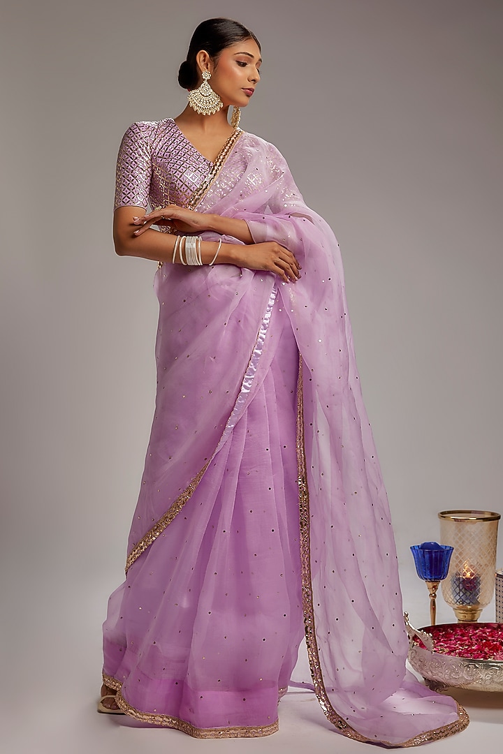 Lilac Pure Organza Badla Work Wedding Saree Set by Ranbir Mukherjee at Pernia's Pop Up Shop