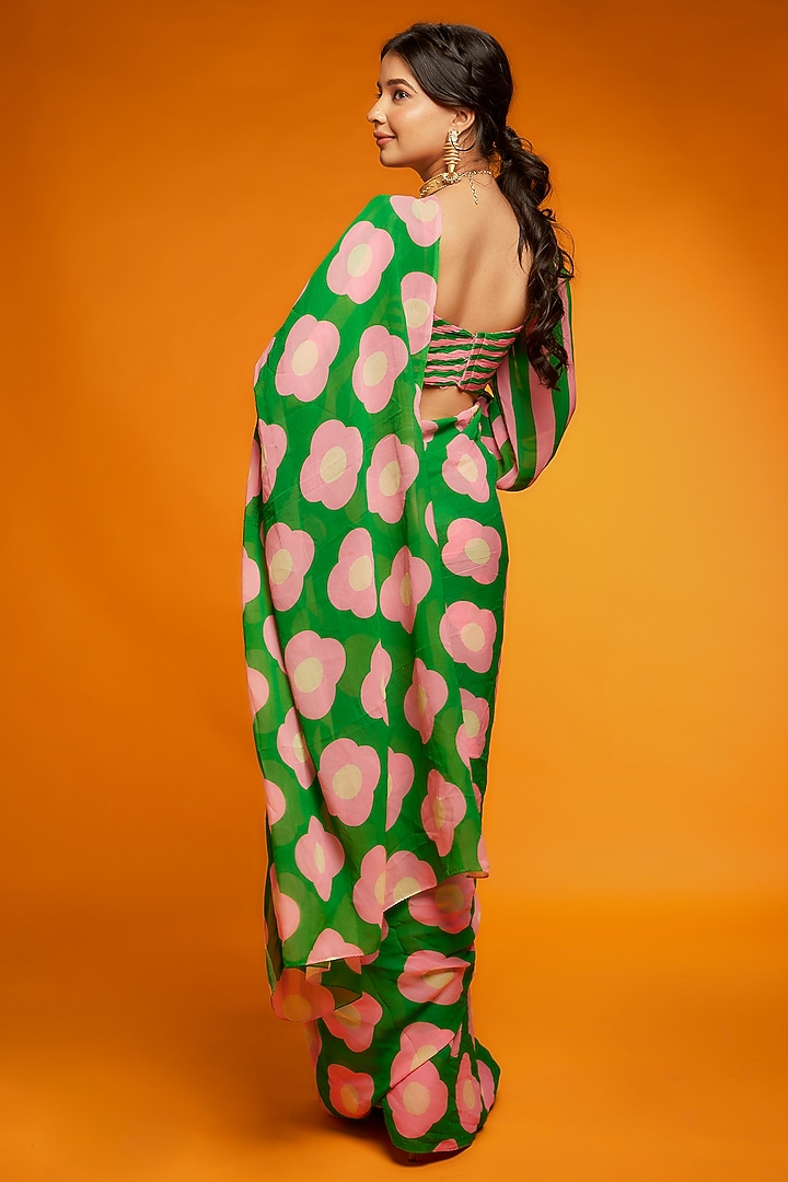 Pink & Green Viscose Georgette Floral Printed Festive Saree Set by Ranbir Mukherjee at Pernia's Pop Up Shop