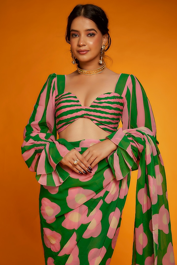 Pink & Green Viscose Georgette Floral Printed Festive Saree Set by Ranbir Mukherjee at Pernia's Pop Up Shop