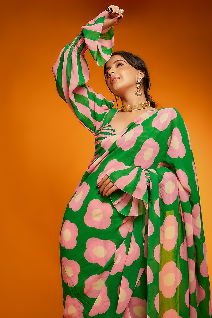 Pink & Green Viscose Georgette Floral Printed Festive Saree Set by Ranbir Mukherjee at Pernia's Pop Up Shop