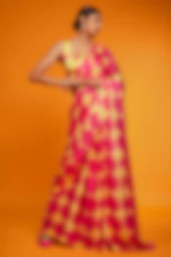 Pink & Yellow Satin Polka Printed Saree Set by Ranbir Mukherjee