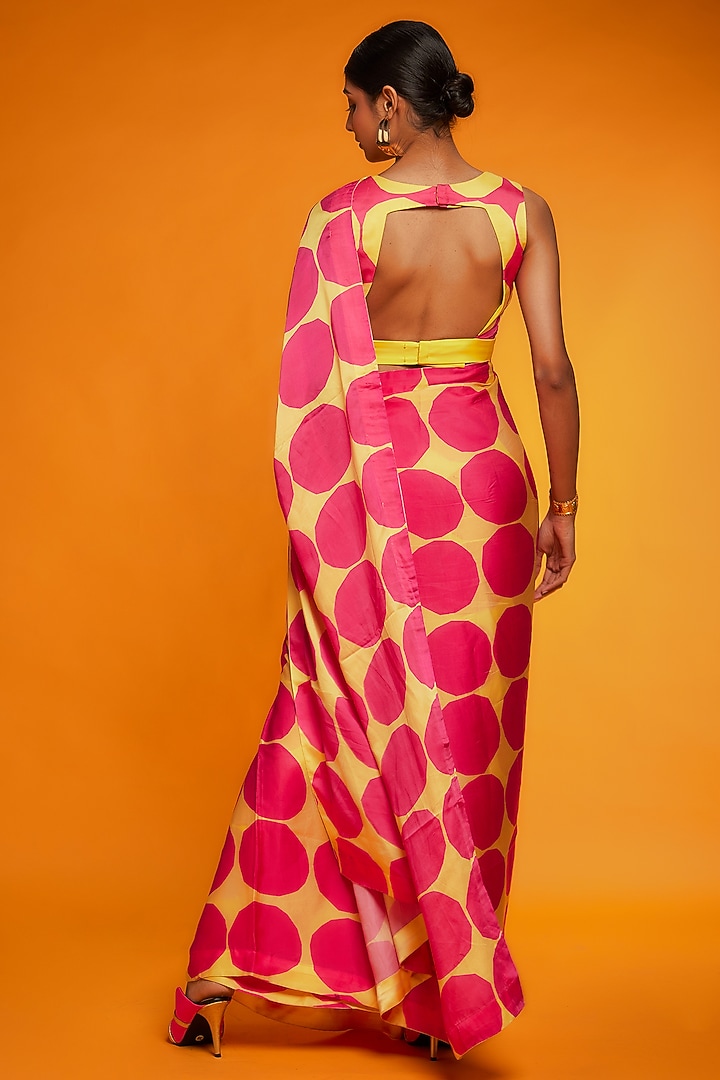 Pink & Yellow Satin Polka Printed Festive Saree Set by Ranbir Mukherjee at Pernia's Pop Up Shop