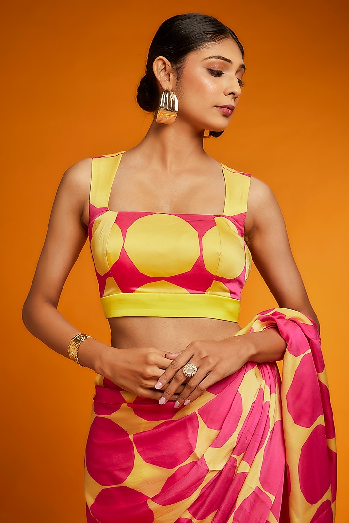 Pink & Yellow Satin Polka Printed Festive Saree Set by Ranbir Mukherjee at Pernia's Pop Up Shop