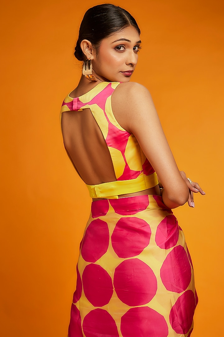 Pink & Yellow Satin Polka Printed Festive Saree Set by Ranbir Mukherjee at Pernia's Pop Up Shop