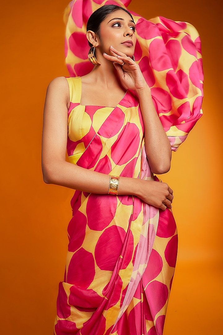 Pink & Yellow Satin Polka Printed Festive Saree Set by Ranbir Mukherjee at Pernia's Pop Up Shop