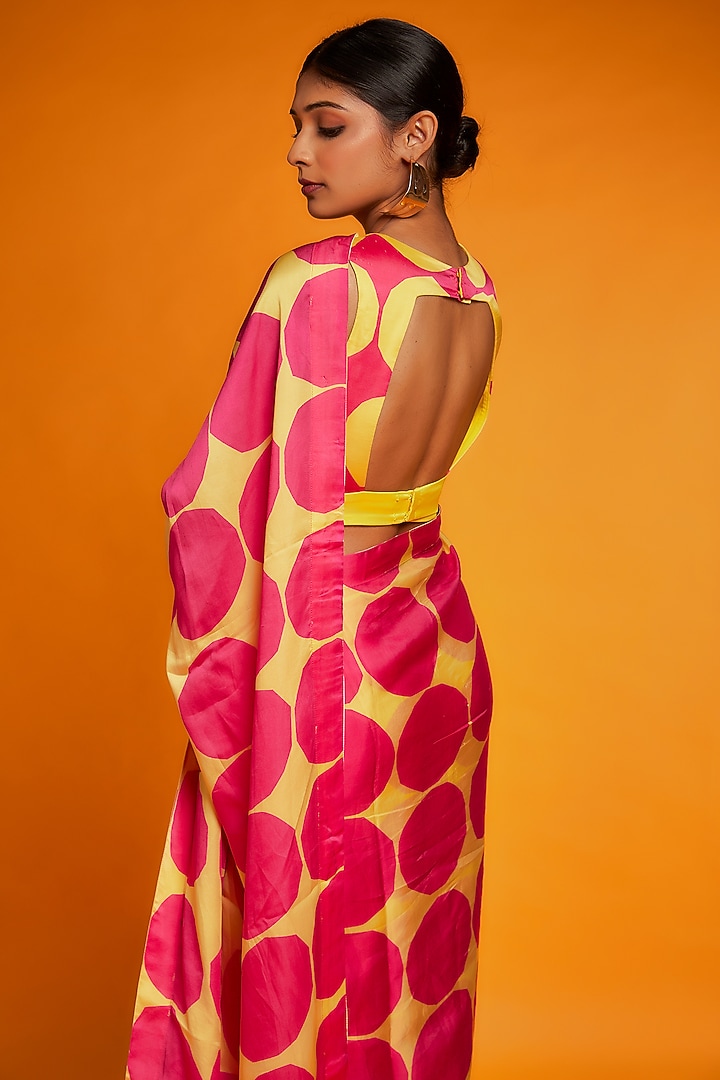 Pink & Yellow Satin Polka Printed Festive Saree Set by Ranbir Mukherjee at Pernia's Pop Up Shop