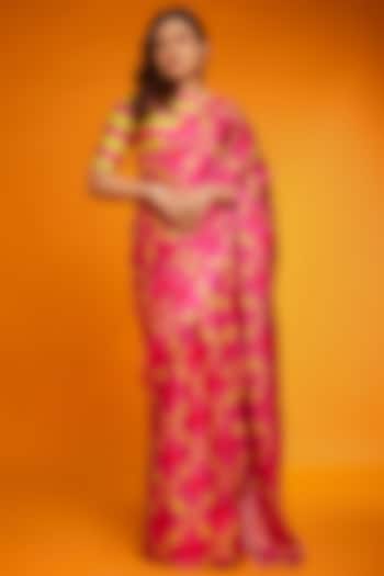 Pink & Yellow Satin Silk Floral Printed Saree Set by Ranbir Mukherjee