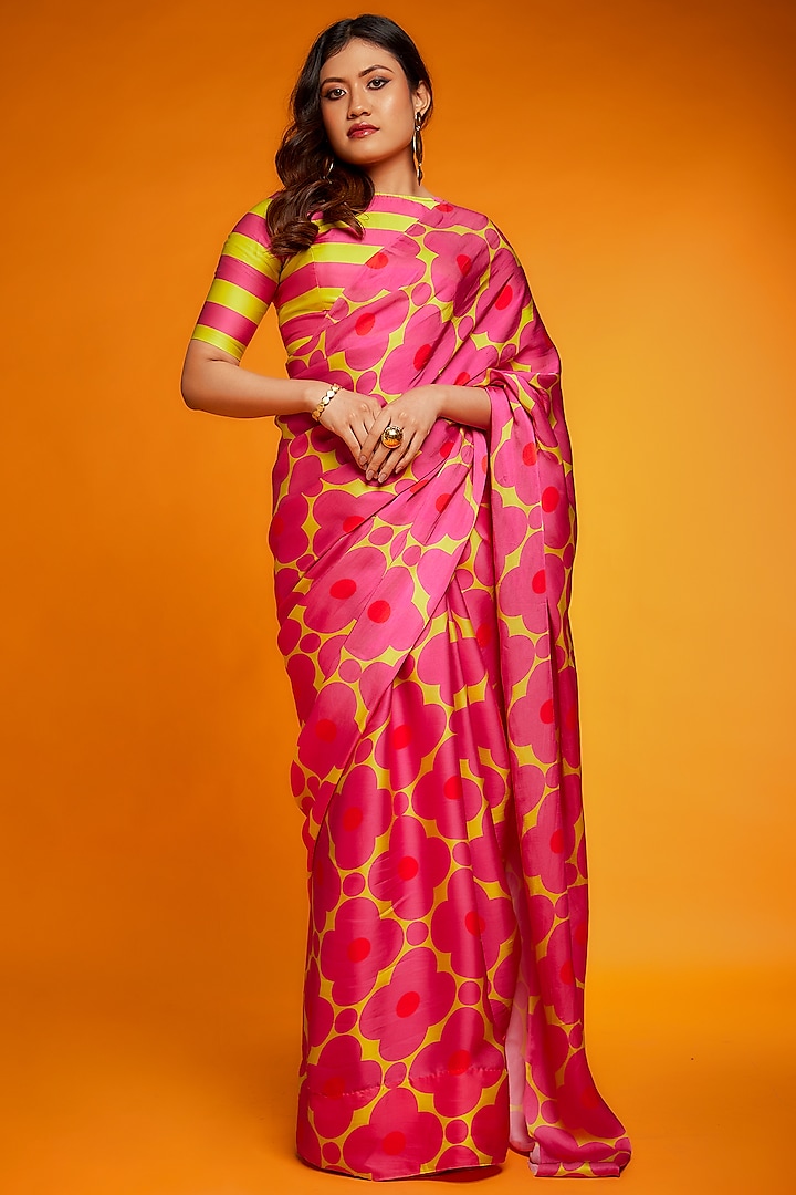 Pink & Yellow Satin Silk Floral Printed Saree Set by Ranbir Mukherjee