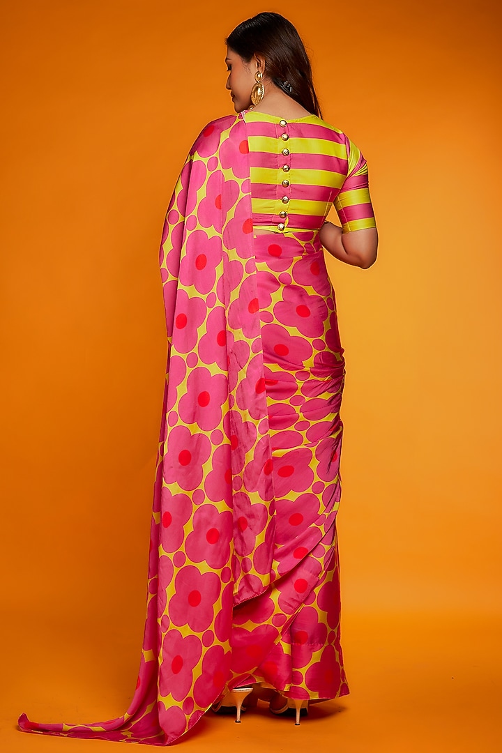 Pink & Yellow Satin Silk Floral Printed Festive Saree Set by Ranbir Mukherjee at Pernia's Pop Up Shop
