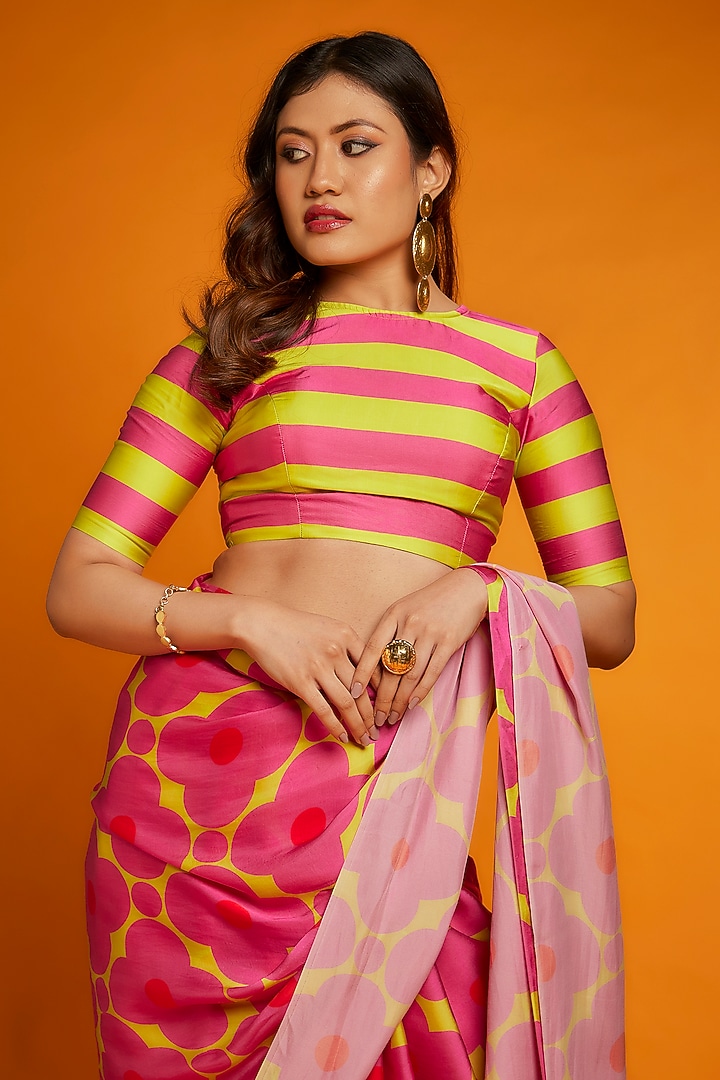 Pink & Yellow Satin Silk Floral Printed Festive Saree Set by Ranbir Mukherjee at Pernia's Pop Up Shop