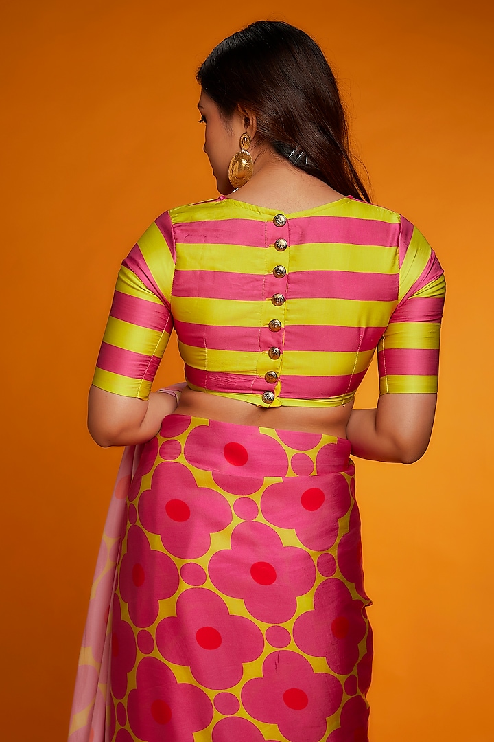 Pink & Yellow Satin Silk Floral Printed Festive Saree Set by Ranbir Mukherjee at Pernia's Pop Up Shop