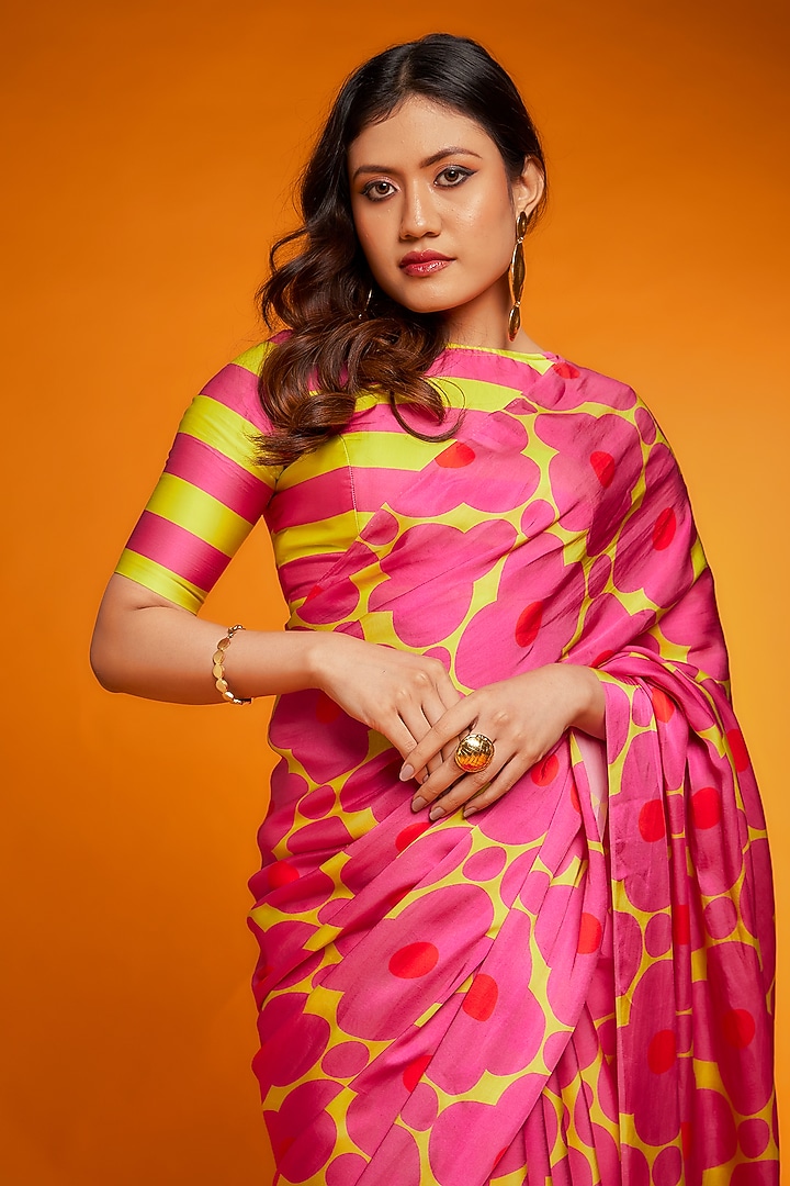 Pink & Yellow Satin Silk Floral Printed Festive Saree Set by Ranbir Mukherjee at Pernia's Pop Up Shop