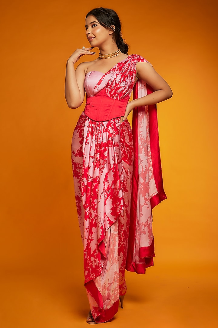 Red & Pink Satin Silk Draped Saree Set by Ranbir Mukherjee