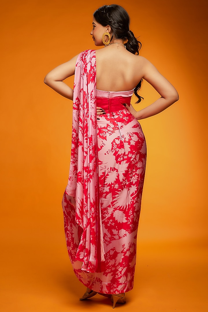 Red & Pink Satin Silk Draped Wedding Saree Set by Ranbir Mukherjee at Pernia's Pop Up Shop