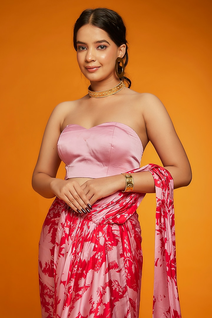 Red & Pink Satin Silk Draped Wedding Saree Set by Ranbir Mukherjee at Pernia's Pop Up Shop