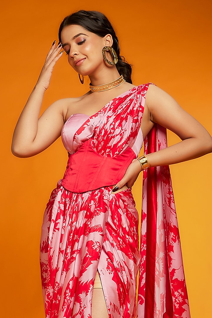Red & Pink Satin Silk Draped Wedding Saree Set by Ranbir Mukherjee at Pernia's Pop Up Shop