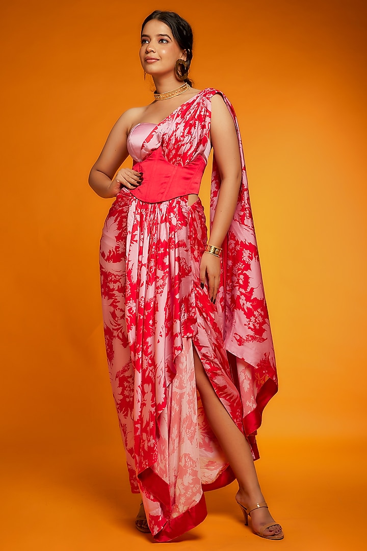 Red & Pink Satin Silk Draped Wedding Saree Set by Ranbir Mukherjee at Pernia's Pop Up Shop