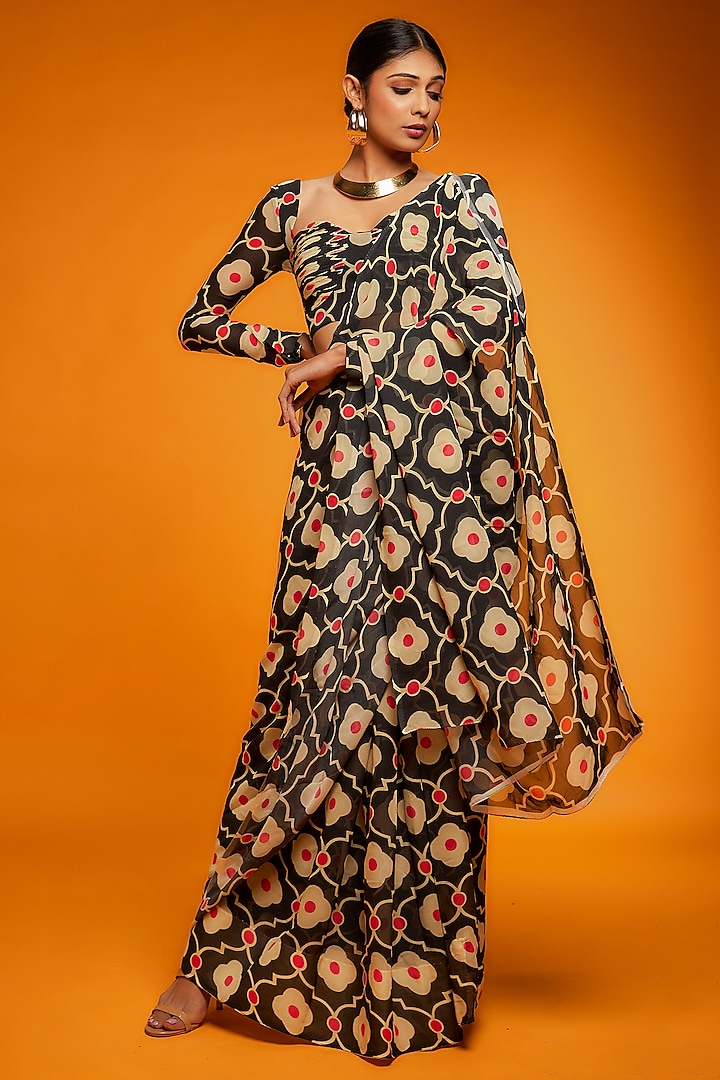 Black & Beige Viscose Georgette Printed Saree Set by Ranbir Mukherjee