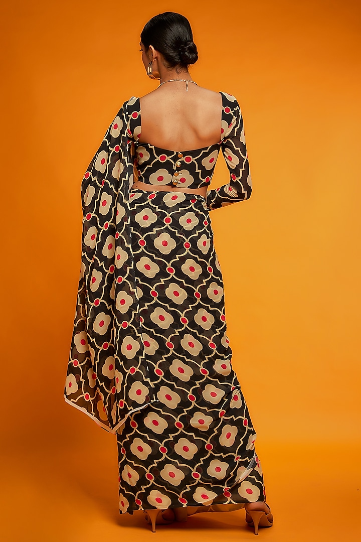 Black & Beige Viscose Georgette Printed Festive Saree Set by Ranbir Mukherjee at Pernia's Pop Up Shop