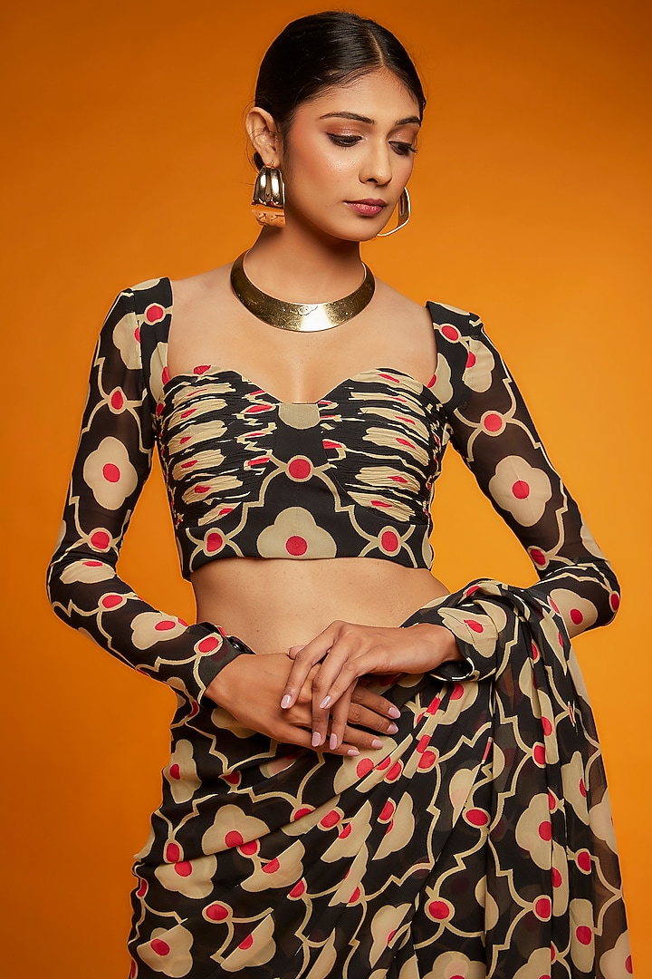 Black & Beige Viscose Georgette Printed Festive Saree Set by Ranbir Mukherjee at Pernia's Pop Up Shop