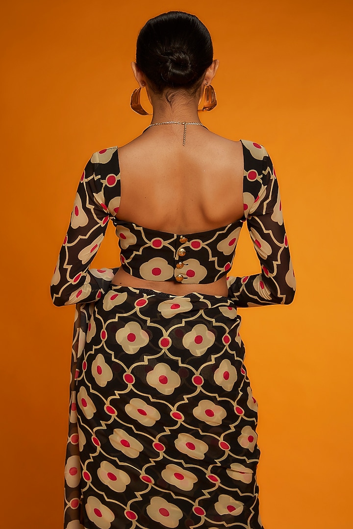 Black & Beige Viscose Georgette Printed Festive Saree Set by Ranbir Mukherjee at Pernia's Pop Up Shop
