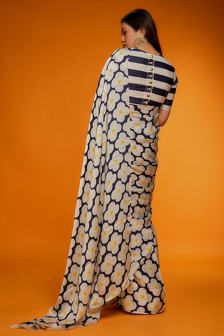 Black & White Satin Silk Floral Printed Festive Saree Set by Ranbir Mukherjee at Pernia's Pop Up Shop