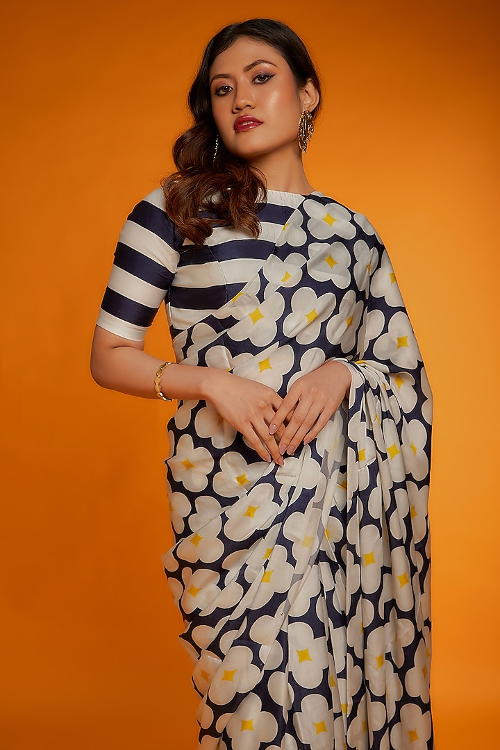 Black & White Satin Silk Floral Printed Festive Saree Set by Ranbir Mukherjee at Pernia's Pop Up Shop