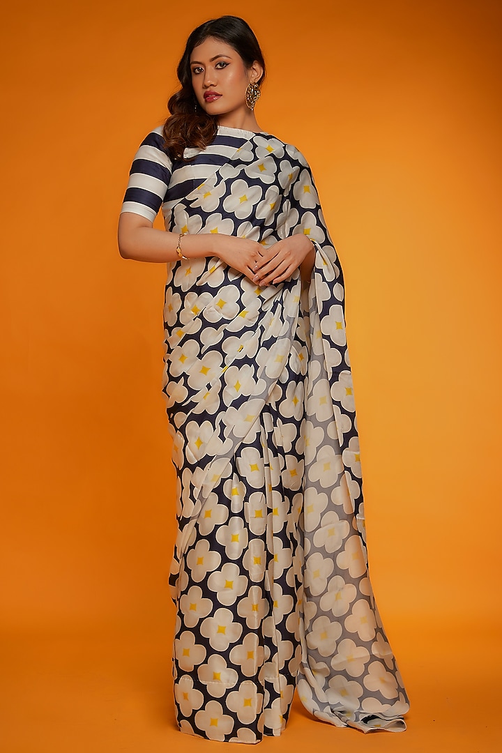 Black & White Satin Silk Floral Printed Festive Saree Set by Ranbir Mukherjee at Pernia's Pop Up Shop