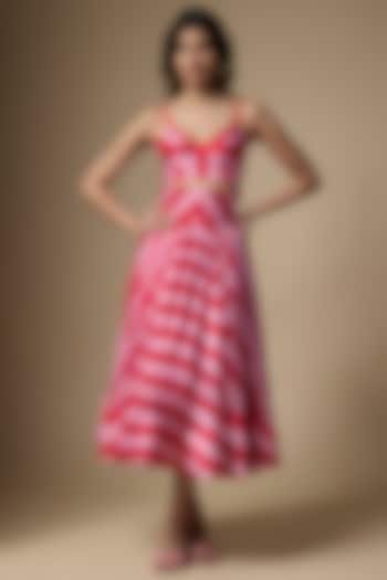 Pink & Red Pure Satin Silk Striped Printed Skirt Set by Ranbir Mukherjee at Pernia's Pop Up Shop