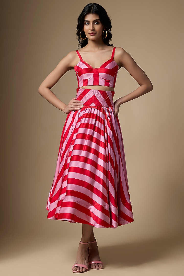Pink & Red Pure Satin Silk Striped Printed Skirt Set by Ranbir Mukherjee at Pernia's Pop Up Shop