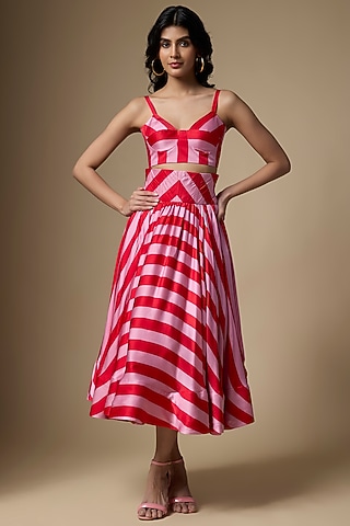 Pink & Red Pure Satin Silk Striped Printed Skirt Set by Ranbir Mukherjee