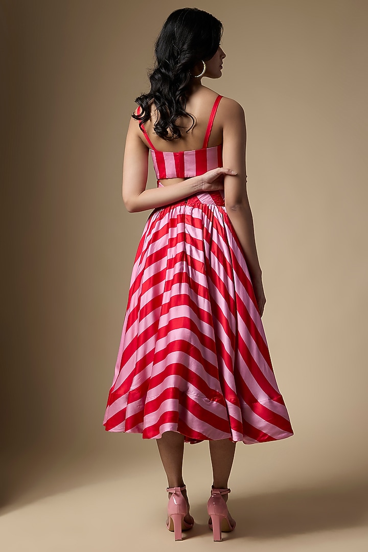 Pink & Red Pure Satin Silk Striped Printed Skirt Set by Ranbir Mukherjee at Pernia's Pop Up Shop