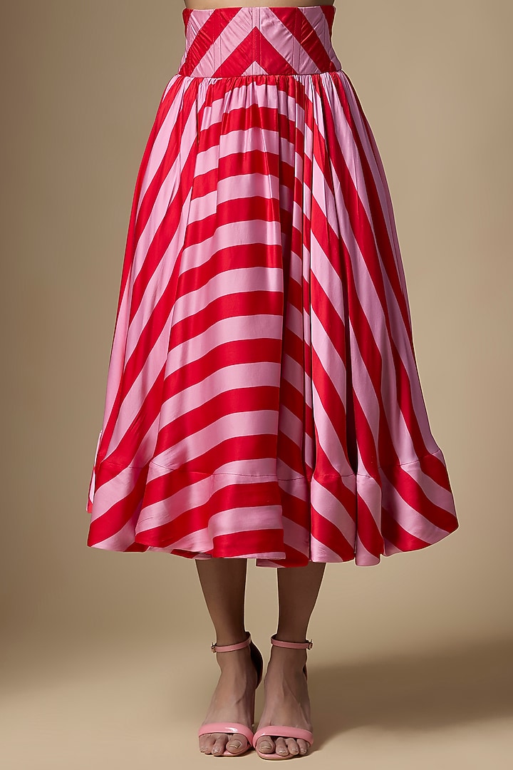 Pink & Red Pure Satin Silk Striped Printed Skirt Set by Ranbir Mukherjee at Pernia's Pop Up Shop