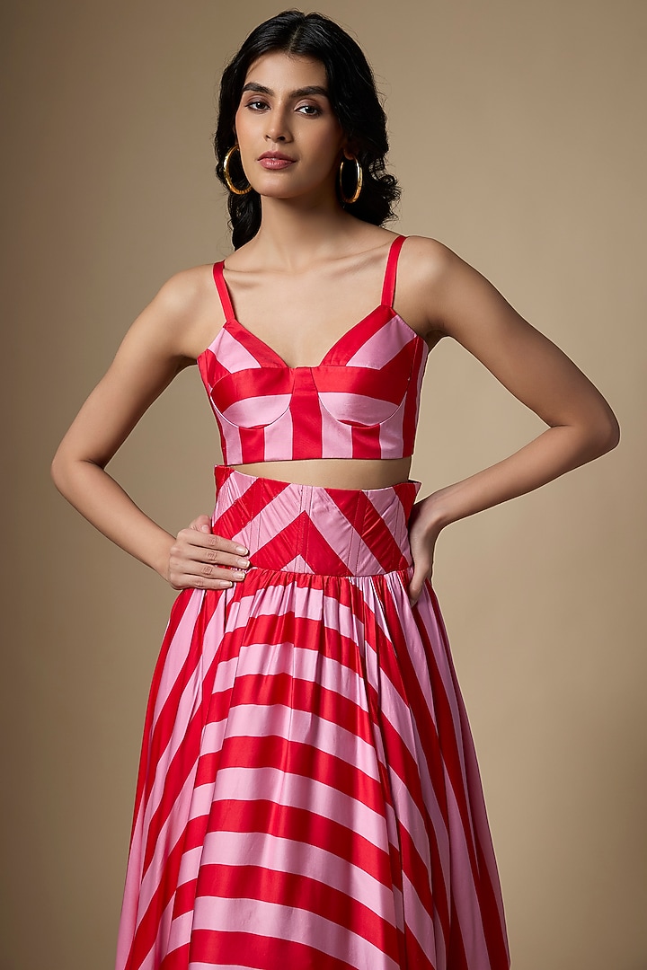 Pink & Red Pure Satin Silk Striped Printed Skirt Set by Ranbir Mukherjee at Pernia's Pop Up Shop
