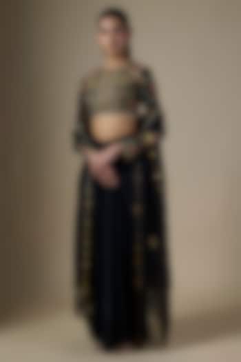 Black Pure Satin Silk Draped Skirt Set by Ranbir Mukherjee at Pernia's Pop Up Shop