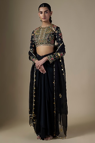Black Pure Satin Silk Draped Skirt Set by Ranbir Mukherjee