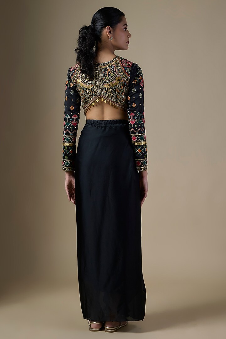 Black Pure Satin Silk Draped Skirt Set by Ranbir Mukherjee at Pernia's Pop Up Shop