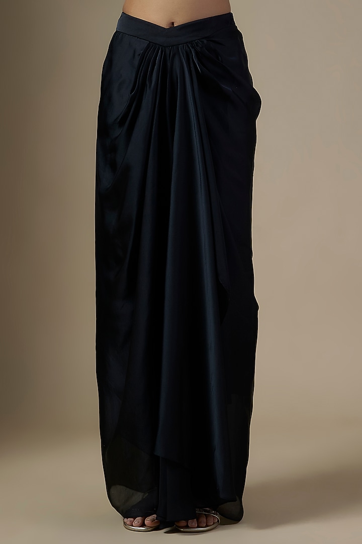 Black Pure Satin Silk Draped Skirt Set by Ranbir Mukherjee at Pernia's Pop Up Shop