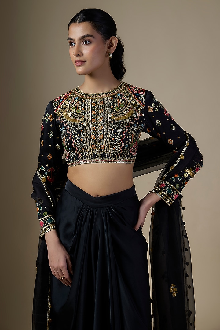 Black Pure Satin Silk Draped Skirt Set by Ranbir Mukherjee at Pernia's Pop Up Shop