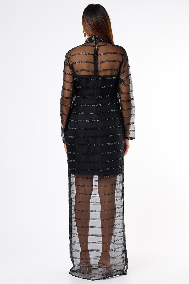 Black Organza Striped Party Wear Dress by Ranbir Mukherjee at Pernia's Pop Up Shop