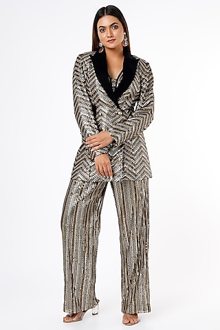 Black & Gold Sequins Blazer Set by Ranbir Mukherjee