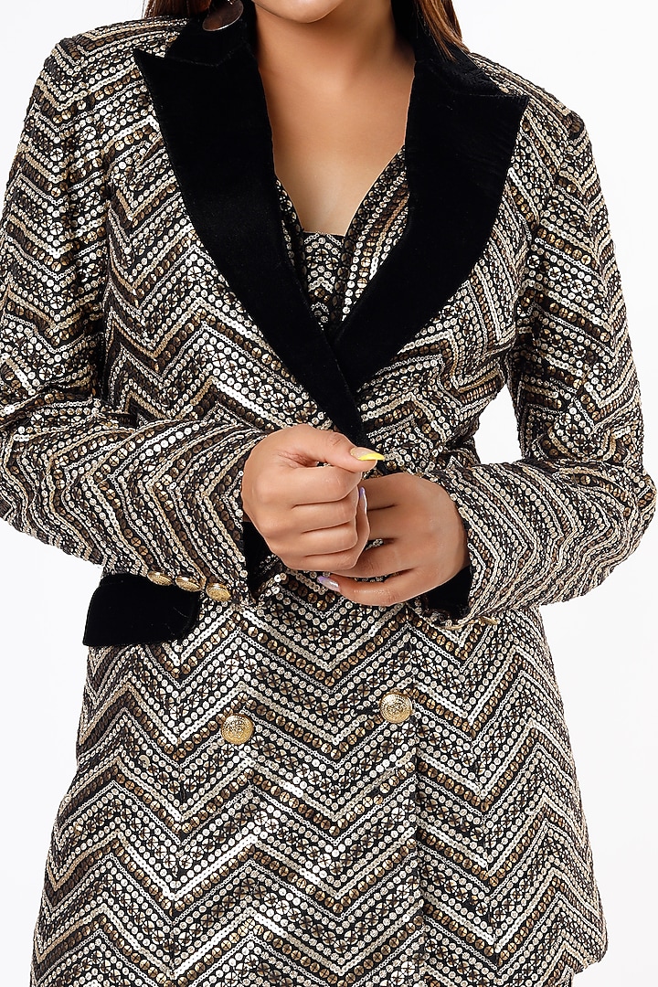 Black & Gold Sequins Blazer Set by Ranbir Mukherjee at Pernia's Pop Up Shop