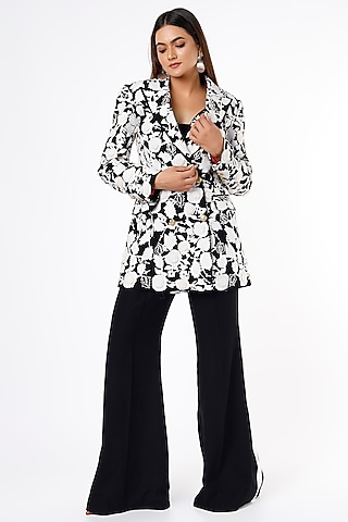 Black & White Embroidered Blazer Set by Ranbir Mukherjee