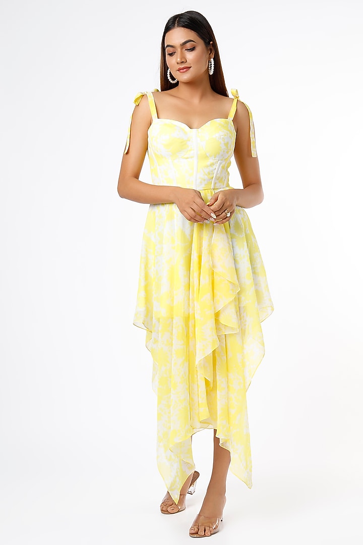 Yellow & White Printed Vacation Dress by Ranbir Mukherjee at Pernia's Pop Up Shop