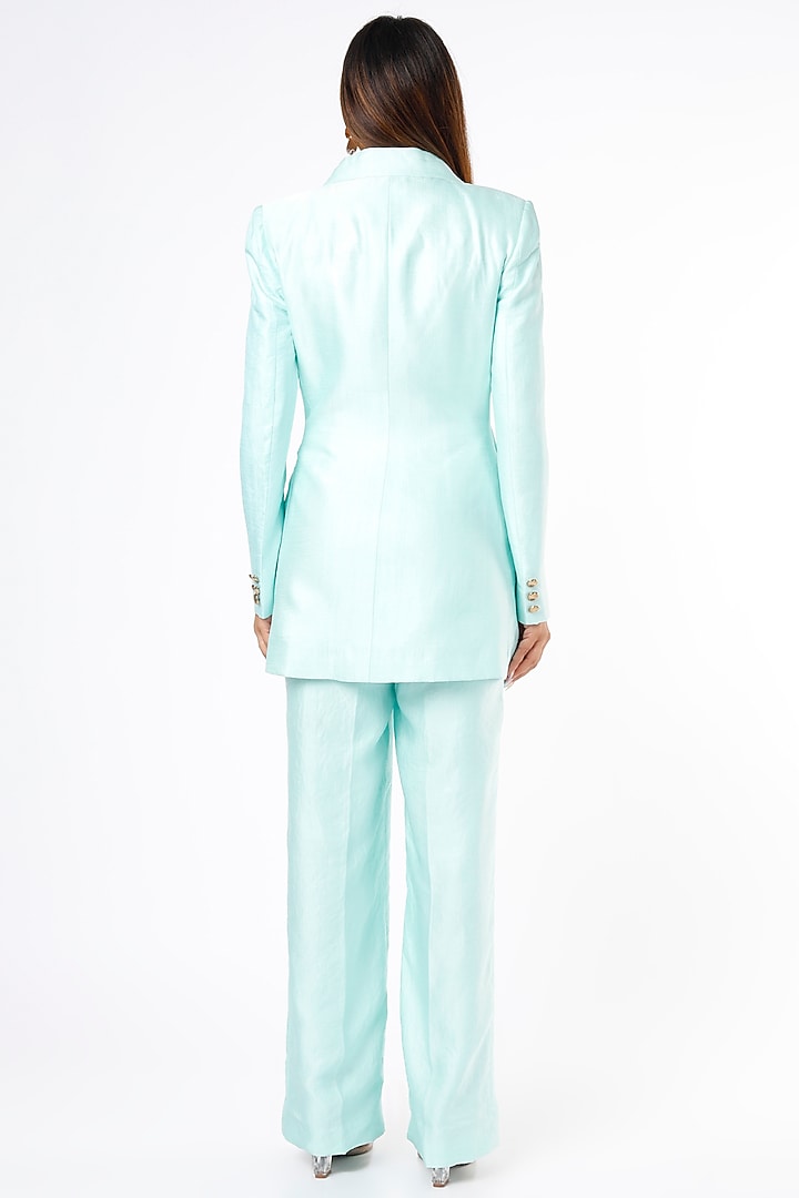 Ice Blue Nysa Silk Blazer Set by Ranbir Mukherjee at Pernia's Pop Up Shop