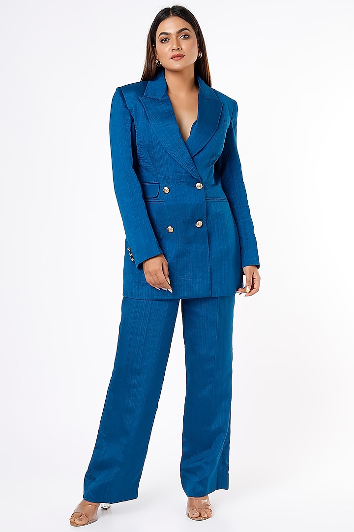 Dark Blue Nysa Silk Blazer Set by Ranbir Mukherjee at Pernia's Pop Up Shop