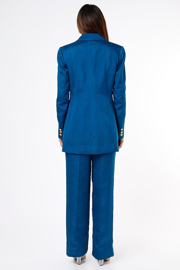 Dark Blue Nysa Silk Blazer Set by Ranbir Mukherjee at Pernia's Pop Up Shop